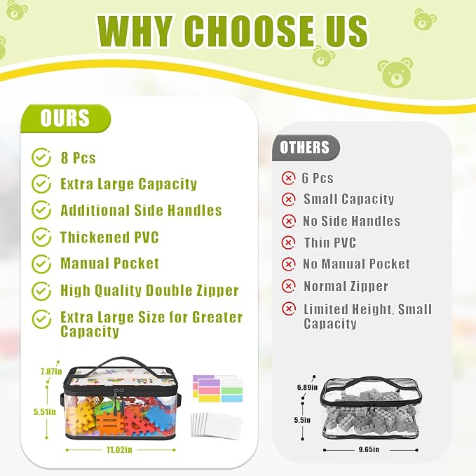8 Packs Large Clear Toy Storage Bags with Labels, Handles, Zippers L | Large Capacity, Transparent PVC, Waterproof Dustproof, Space-saving, Portability for Building Blocks, Puzzle, Dolls, Travel