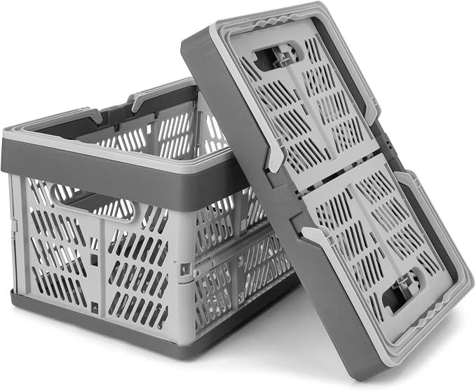 Domiella 2-Pack Foldable Storage Baskets, 20L Collapsible Crates PP Grey | Comfortable carry handles, space-saving design, sturdy PP construction for home storage shopping camping and picnics