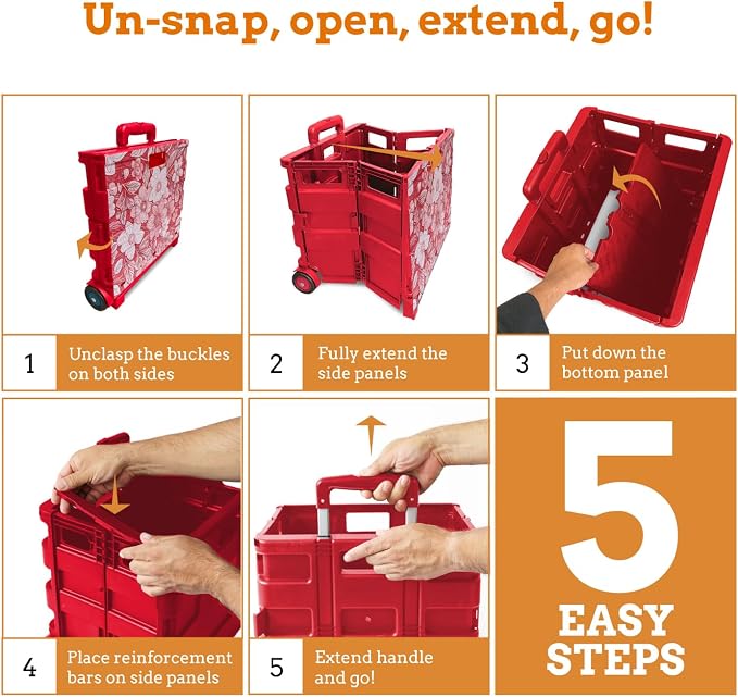 Inspired Living Ultra-Slim Rolling Collapsible Storage Pack-N-Roll Utility-carts, with Telescopic Handle, for Home, Garden, Shopping, Office, School use, Large, Red, White Flower Print