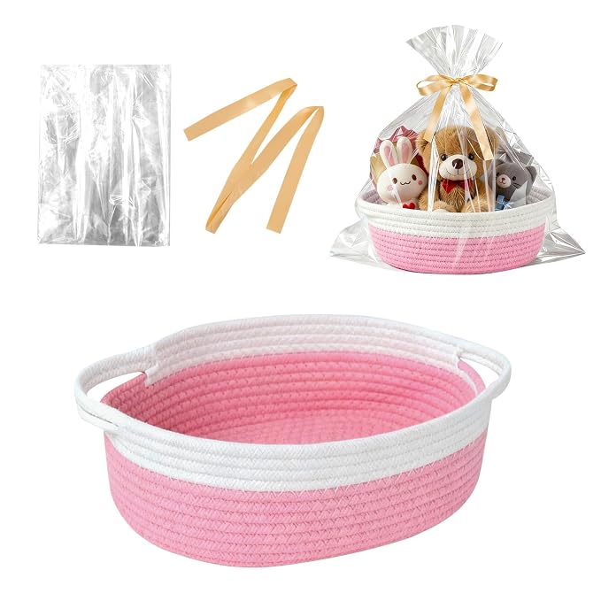 Basket for Gifts Empty, Small Woven Basket with Bags and Ribbons, Baby Toy Baskets with Handles, Wicker Storage Bin for Baby Showers or Pet Toy (Pink, 1 Pack (12"x 8"x 3.74"))
