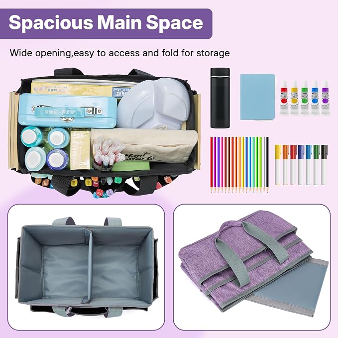 Craft Organizer Tote Bag, Art Storage Caddy with Multiple Pockets | Art Supplies Storage, Sewing Bag, Scrapbooking for School, Home and Office (Purple)