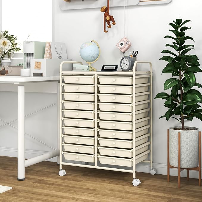 20 Drawer Rolling Storage Cart, Art Cart Organizer with Wheels for Makeup, Tool, Paper, Multipurpose Craft Storage Cart with Drawers for Office, Home, Classroom, School (White)