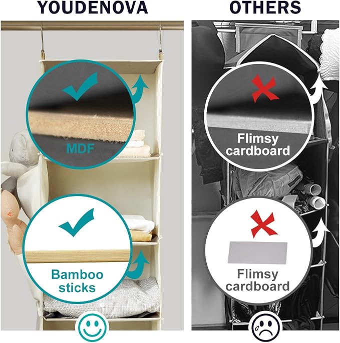 YOUDENOVA Hanging Closet Organizer and Storage for Clothes, 4-Shelf, Beige | Locker/RV/Camper Organizer, Side Pocket, Hanging Shelves for Small Closet, Dorm Room Essentials for Guys, Breathable Fabric