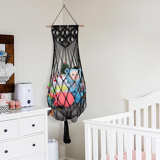 63Inch Stuffed Animal Storage Hammock Corner,Boho Plushie Net,Black | Wall Ceiling Over Door Hanging Hammock for Stuffed Animals,Macrame Stuffy Storage Holder w/Star Lights,Nursery Playroom Decor