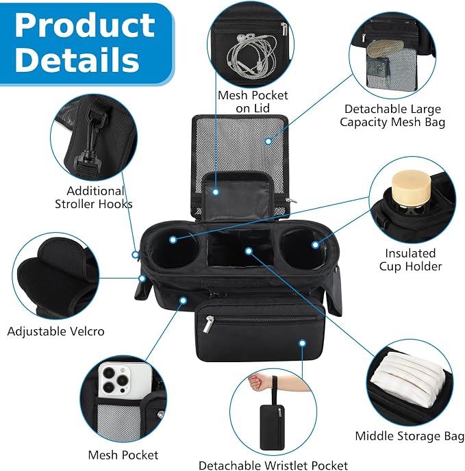 Accmor Universal Stroller Organizer with Insulated Cup Holder Detachable Phone Bag and Shoulder Strap,Stroller Bag Caddy Organizer for Uppababy, Baby Jogger, Britax Strollers