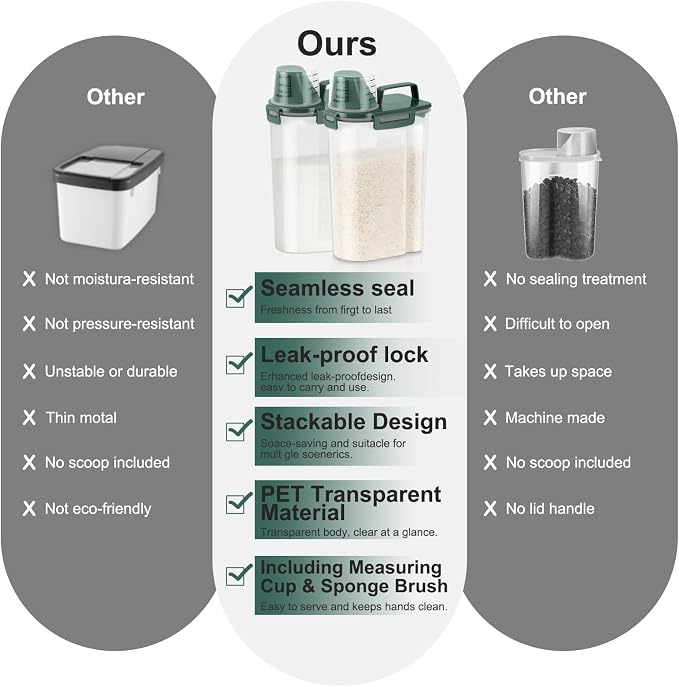 LEAWALK Airtight Rice Storage Container, 3.28Qt Cereal Dry Food Flour and Sugar Bin, Dog Cat Food Dispenser with Measuring Cup, BPA Free Clear Plastic Kitchen and Pantry Organization Bin Green 2Pack