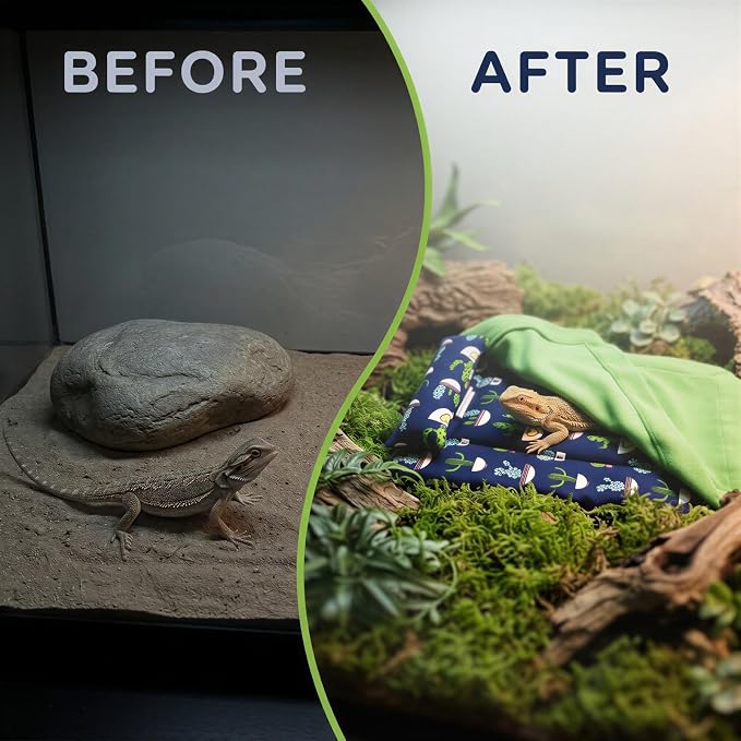 Reptile Sleeping Bag with Pillow and Blanket, Soft Canvas Bearded Dragon Sleeping Bag, Cactus Pattern Hideout Habitat, Cozy Bed for Leopard Gecko, Lizard, Hamster, Small Pets, Blue and Green