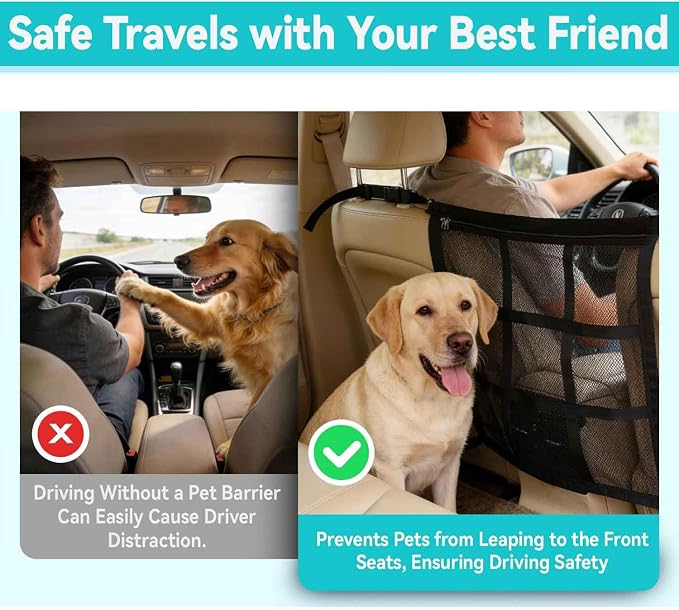 Dog Car Barrier for VW Caddy 2003-2020, Pet Net Organizer | Front Rear Seat Mesh Divider | Breathable Safety Partition | Travel Fence Adjustable Straps | Storage Pockets | Secure Hook