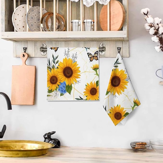 Sunflower Waffle Kitchen Dish Cloths Bloom Flowers Butterflies Ultra Soft Absorbent Quick Drying Dish Towels 16 X 24 Inches Set of 2