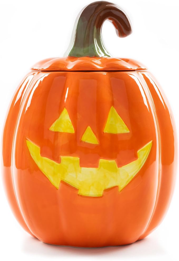 Dolomite Ceramic 10.5 x 7.9 Halloween Cookie & Candy Jar with Airtight Lid: Perfect for Kitchen Canisters, Pet Treat Containers & Fall Decorative Candy Dish, Pumpkin Jack-O-Lantern