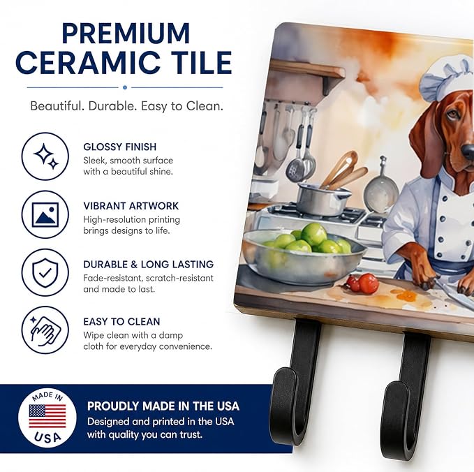 Caroline's Treasures Redbone Coonhound The Chef Leash or Key Holder Wall Hooks, Key Hooks Holder, Coat Rack Wall Mount, Coat Hooks, Hooks for Hanging Keys, Towels, Aprons, Leashes | Redbone Coonhound The Chef artwork on ceramic tile with three steel ho...