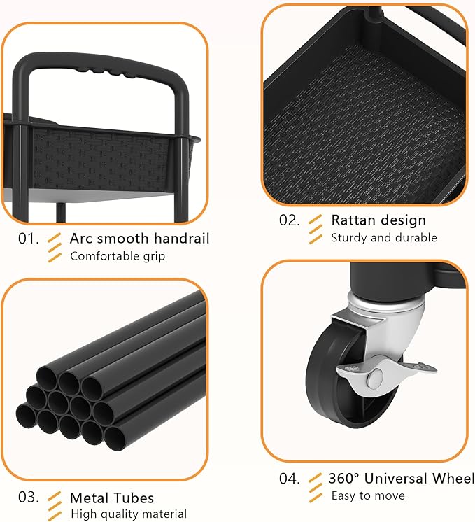 MOYIPIN 4-Tier Plastic Rolling Utility Cart with Handle, Black | Utility Storage Cart for Office, Living Room, Kitchen,Movable Storage Organizer，Easy installation，Rattan-like art design