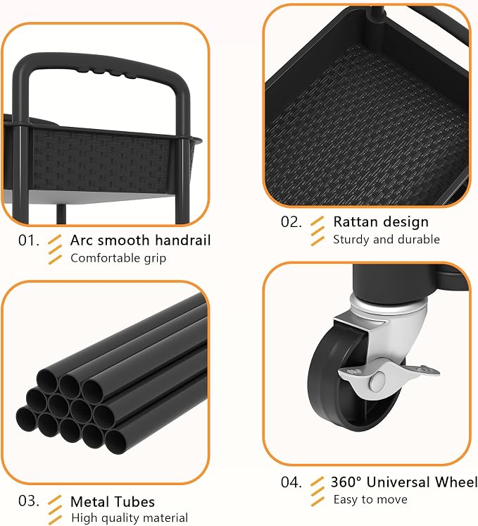 MOYIPIN 3-Tier Plastic Rolling Utility Cart with Handle,Black | Utility Storage Cart for Office, Living Room, Kitchen,Movable Storage Organizer，Easy installation，Rattan-like art design