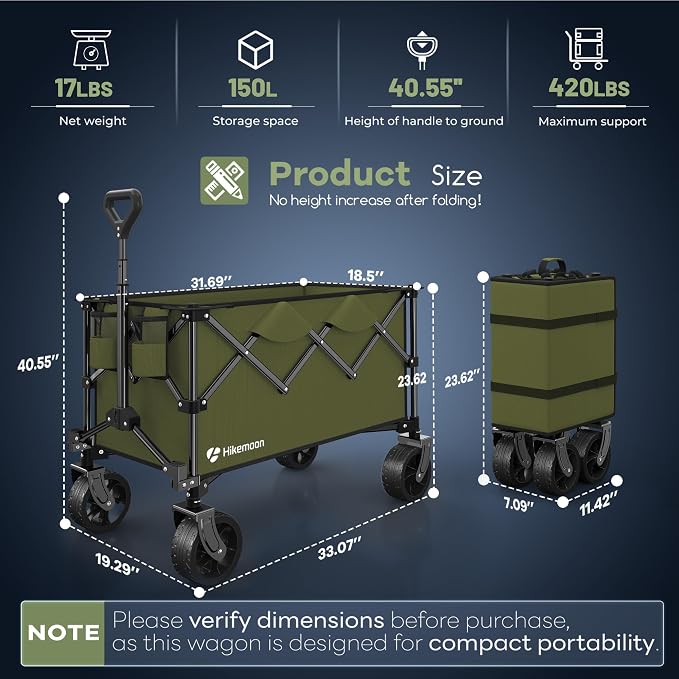 HIKEMOON 150L Collapsible Wagon Compact with Big Wheels, 420LBS Green | Wagons Carts Foldable, Heavy Duty, Portable, All-Terrain, Utility Folding Cart for Shopping/Beach/Garden/Camping/Sports
