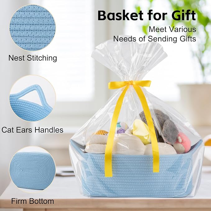 OIAHOMY Woven Basket, Gift Basket Empty with Gift Bags and Ribbons, Rope Baskets for Baby Showers, Storage Baskets with Handles for Nursery, Pet Toy Organizer - Blue