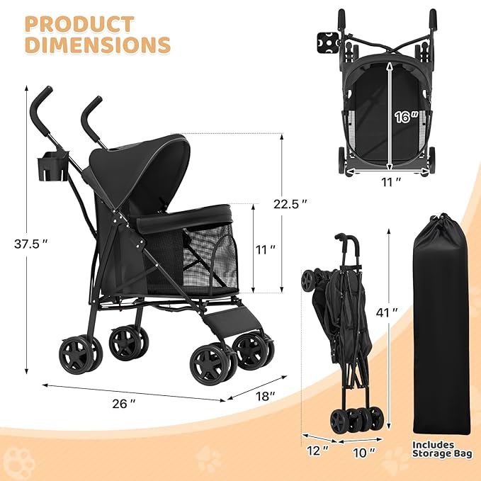 Magshion Compact Fold Pet Travel Stroller for Small Dogs Cats, Black | Up to 22lbs, 4-Wheel Lightweight Umbrella Shaped Design, Safety Tethers, Breathable Mesh, Cup Holder & Rear Storage