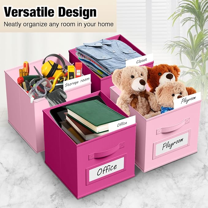 Teenyyou 10 Pack Fabric Storage Cubes 11 Inch Collapsible Cube Bins with Label Window & Handle Foldable Organizers Baskets for Shelf Closet Nursery Kids Room Clothes Book Toy(Pink, Rose Red)
