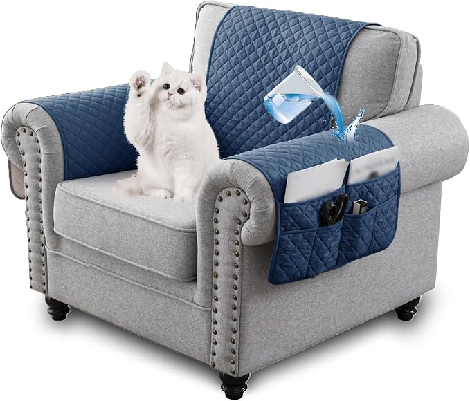Water-Resistant Sofa Armrest and Headrest Covers with Side Pocket | Keep remotes close quilted polyester helps guard against wear, pet scratches, and kids' messes silicone backing adds grip
