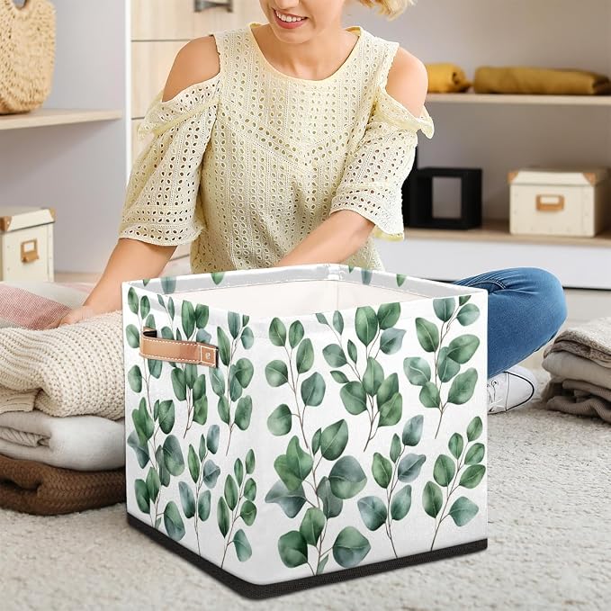 Eucalyptus Cube Storage Bin, 13 Inch Collapsible Fabric Storage Cubes Bin, Eucalyptus Leaves Foldable Cube Baskets for Shelf, Closet, Organizer