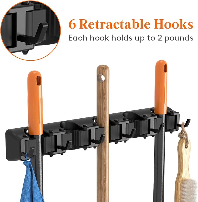 Lifewit Mop and Broom Holder Organizer Wall Hanging Mount, Black, 2 Pack | Anti-Slip Broom Storage for Cleaning Organizer, Easy Install Tool Hanging Rack with 5 slots & 6 hooks for Kitchen, Garage
