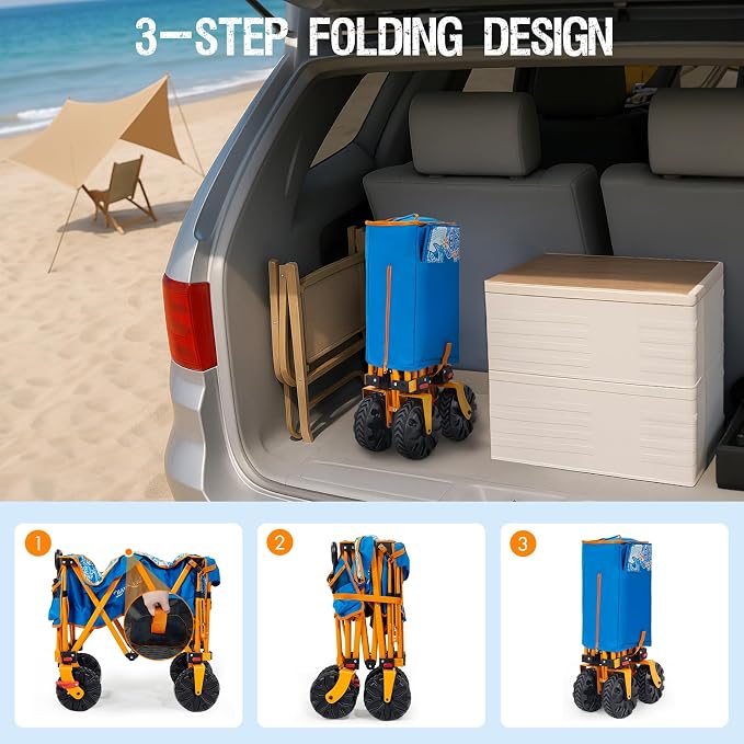 Old Bahama Bay 300lbs Extra Long 49" L Beach Wagon with Big Wheels with Brake for Sand, Collapsible Utility Beach Cart Heavy Duty Folding Wagon,Ideal for Outdoor Sand Camping Garden Pet