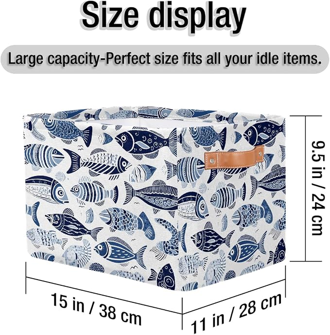 Ethnic Sea Fish Rectangular Storage Bin Collapsible Storage Basket Organizer Boxes with Leather Handle Storage Cube for Shelves Toy Laundry Nursery 2 PC
