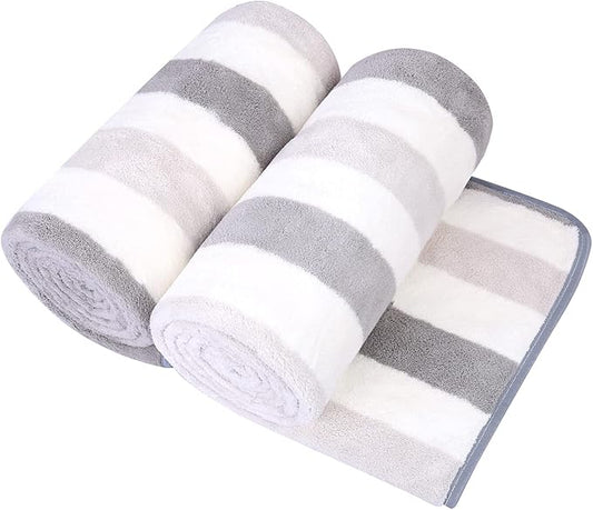 JML Microfiber Bath Towels Set of 2, 30" x 60", Oversized, Soft, Super Absorbent, Fast Drying Large Bath Towel Perfect for Hair Wrap, Sport, Fitness, Yoga, Cabana Stripe Grey