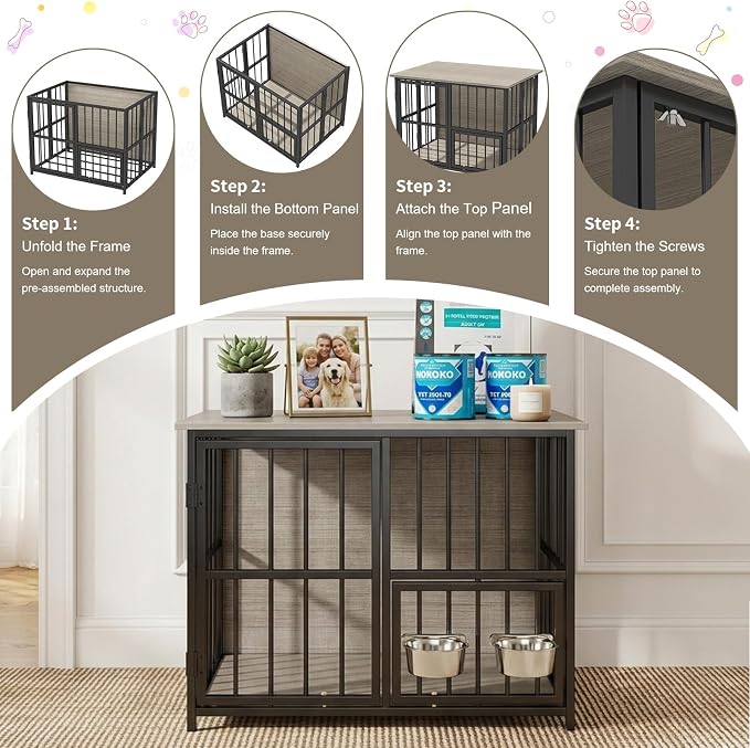 Hadulcet 27'' Foldable Dog Crate Furniture, Small Dog Kennel with 2 Bowls | Wooden Crate Table with Storage Top, Furniture Style Indoor Kennel for Small to Medium Dogs with Rotating Food Door, Gray