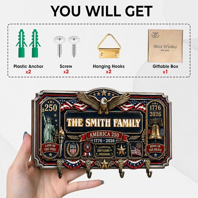 Personalized Key Holder Wall Mount, Custom USA 250th Anniversary Key Wall Hanger Organizer with Family Name, Keys Hanger Rack for Bags, Coats, Umbrellas, Keys Hooks for Entryway, Door, Bathroom