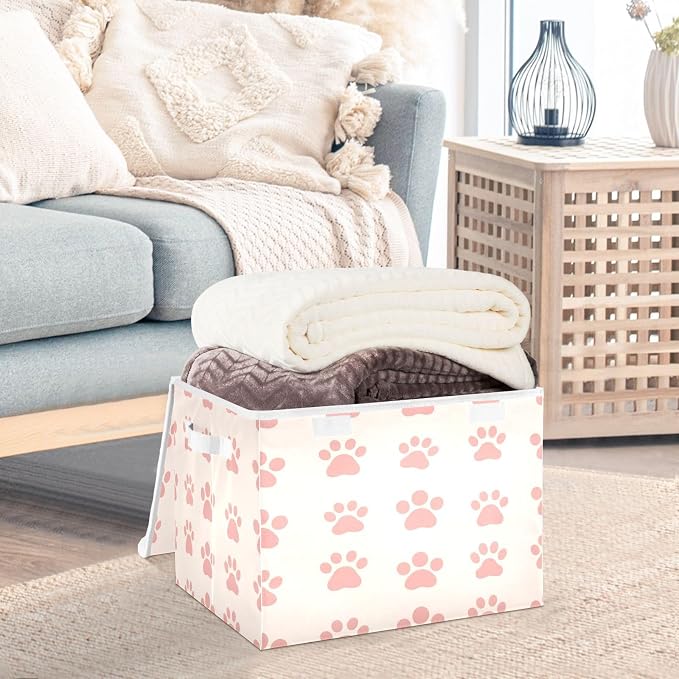 Kigai Paws Cat Dog Storage Bins with Lids, Fabric Organizer Box with Flip-Top & Handles, Foldable, Stackable Collapsible Container for Closet, Home, Bedroom