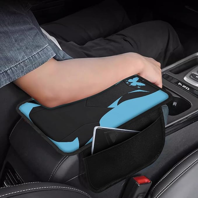 Howilath Car Center Console Cover, Universal Armrest Cushion Pad | Blue Butterfly Anti-Slip Backing, Elastic Install, Protects Armrest from Wear and Pet Damage