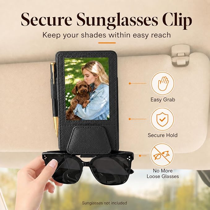 HOLDCY Car Visor Organizer with Registration Holder and Sunglasses Clip | Black PU Faux Leather With Photo Window, Flip-Open Card Storage, Slim Profile And Tool-Free Setup; 1 Piece