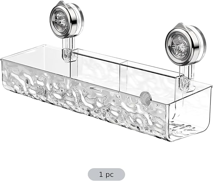 Suction Cup Shower Storage Shelf, No-Drill Wall Mounted Bathroom Organizer with 4 Hooks, 15 in Glacier Transparent Storage Holder, Reusable Storage Rack, Holds 22 lbs for Shower Wall