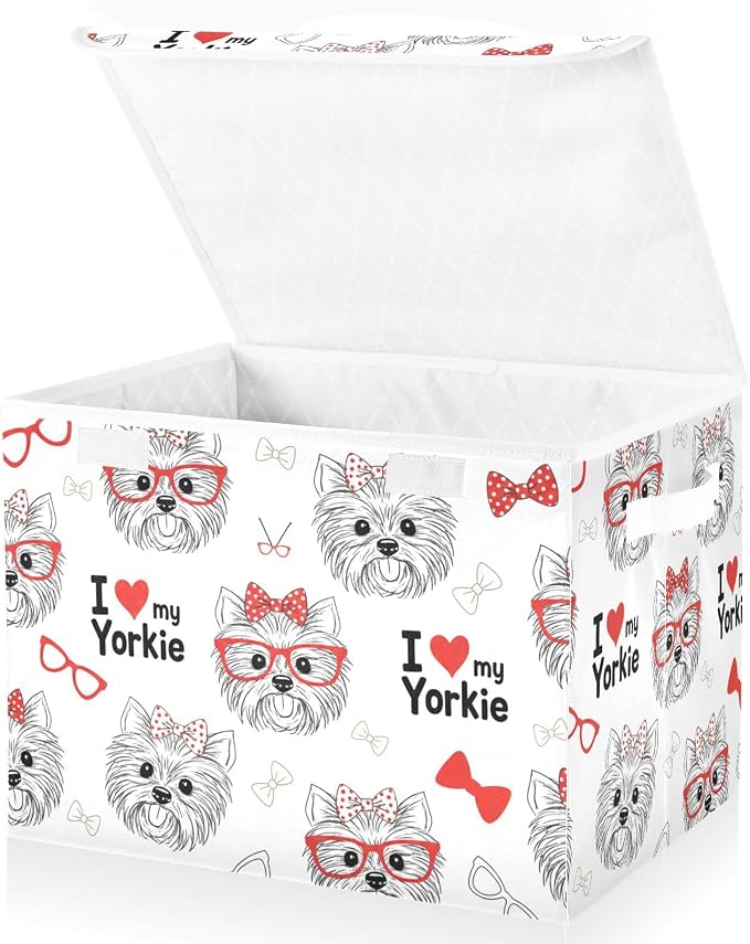 Dog Bow Fabric Storage Bins with Lid Foldable Storage Boxes 40L Baskets | Decorative Storage Boxes, Dust-Proof Flip Top, Reinforced Handles, For Home & Bedroom, Clothes & Toy Box, Oxford Fabric Print