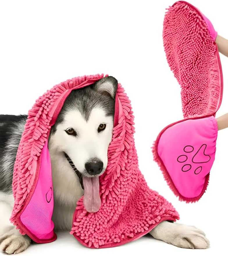 Super Absorbent Dog Drying Towel - 24.4''x10'' Chenille Microfiber Pet Bath Towel with Dual Hand Pockets, Quick Dry Soft Grooming Towel for Small Medium Large Dogs and Cats, Machine Washable (Pink)