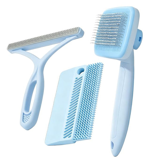 Self-Cleaning Cat Shedding Grooming Brush for Small Dog Pet Short Hair Remover Set Reusable Lint Removal Tool Carpet Scraper for Clothes Couch Bedding Furniture Car Blue