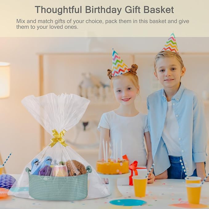 Small Empty Gift Basket with Bag & Ribbons, Light Green | 12“x8”x5”, Cotton Rope Woven Basket for Birthdays, Baby Showers, Mother's Day, Christmas; Stores Small Items, Kids & Pet Toys