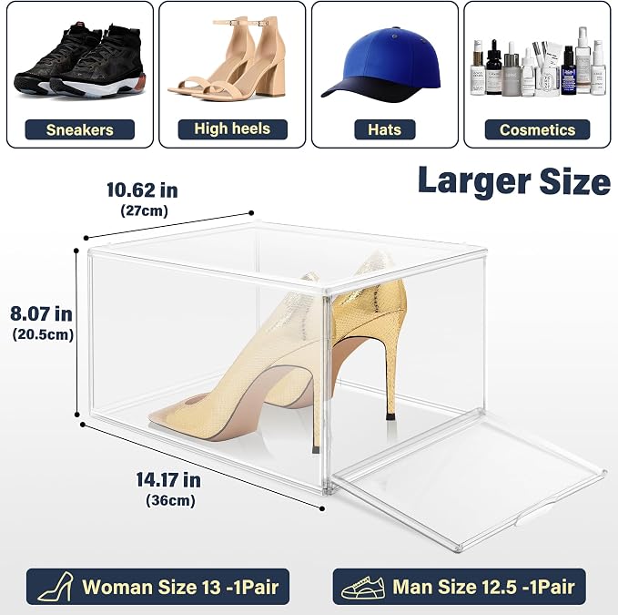 1 Pack Clear Shoe Boxes with Acrylic Drop Front Magnetic Door, Size 12 | Stackable Shoe Organizer for Sneaker Collection, Space-Saving Plastic Shoe Storage Box for Closet, Entryway, Bedroom
