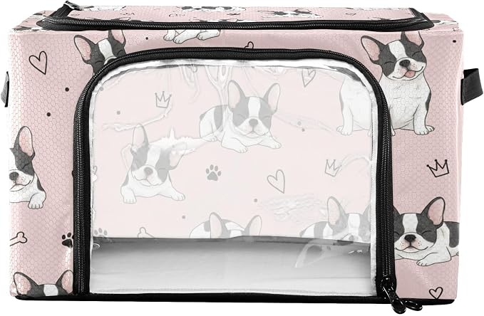 Cute Pet Dogs Pink pattern Under Bed Storage Containers with Double Zipper Openings, Foldable Clothes Storage Bins with Clear Window and Handles for Comforters Blankets Bedding