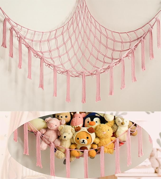 mirolam Stuffed Animal Storage Hammock Net - Toy Hammock Net for Stuffed Animals Corner - Hanging Stuff Animal Organizer Holder Large Pink Baby Nursery Room Decor