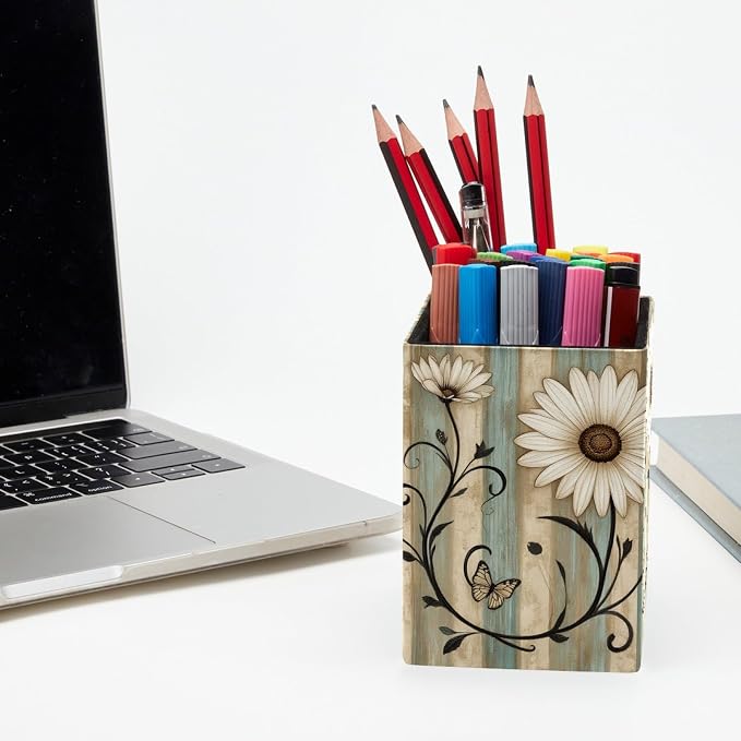 Flowers on Vintage Wooden Boards Pen Holder for Desk Decor, Rectangular PVC Leather Pencil Cup for Desk Pen Organizer, Makeup Brush Holder for School, Home, Office