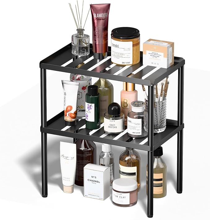 Cabinet Organizer Shelf, 2 Tier Kitchen Cabinet Organizer with Stackable Cabinet Shelves for Kitchen Countertop Storage, Metal Kitchen Shelf Organizer for Spice, Pantry & Under Sink
