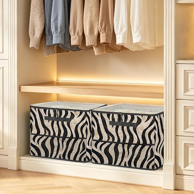 TropicalLife Zebra Print Shoe Organizer for Closet | Animal Skin Foldable Shoe Storage Organizer Box Bin with Adjustable Dividers and Clear Cover, Fits up to 16-32 Pairs