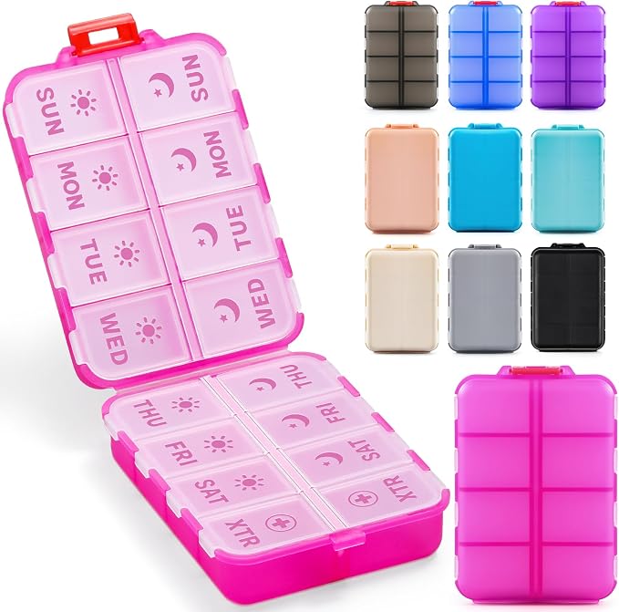 Foldable Weekly Pill Organizer 2 Times a Day with 2 Extra Compartments - Etched Labels - Portable 7 Day AM PM Medicine Box, Week Daily Travel Pill Case Holder for Meds, Vitamin, Supplement -Clear Pink