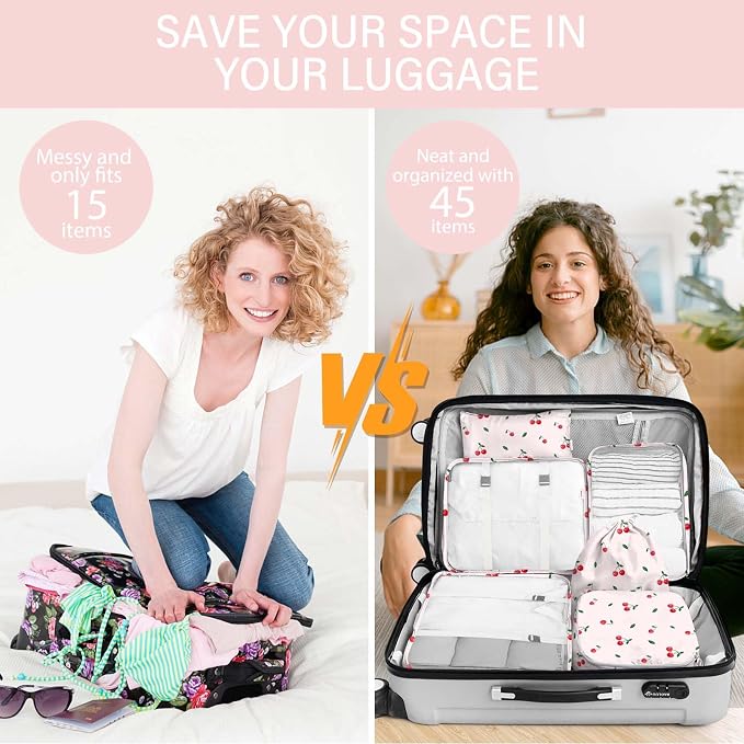 KPX 8 Set Packing Cubes for Travel, Luggage Packing Organizers Accessories Large Toiletries Bag for Clothes Shoes Cosmetics (Cherry)