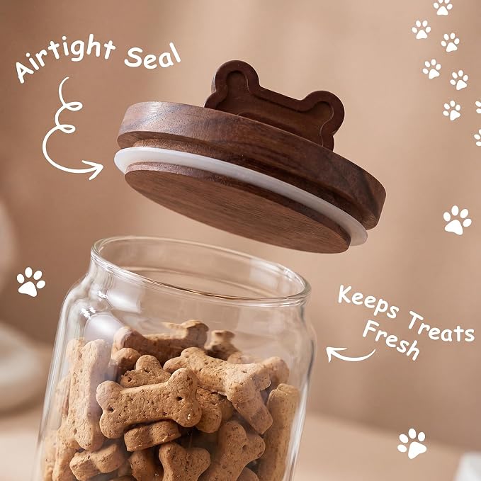 3 Pcs Glass Dog Treat Container, Dog Cookie Jar with Wood Lid | 3 Sizes, Airtight Pet Food Storage Container, for Countertop, Treats Canister, Doggie Cookie, Pets
