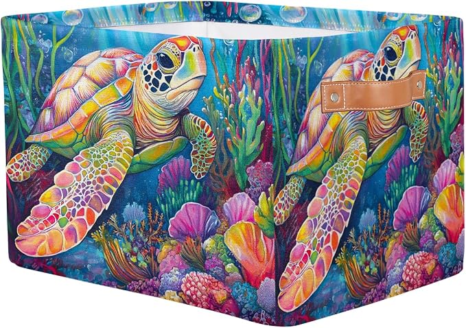 Pardick Colorful Sea Turtle Basket Storage Bins Large Fabric Toys Storage Cube Box with Handles Collapsible Closet Shelf Cloth Organizer Basket for Nursery Bedroom Bathroom Holiday Gift