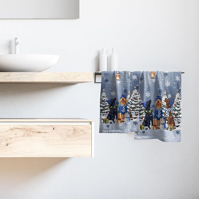 Giwawa Winter Dog Towel Set of 2, Christmas Trees Snowman Presents Funny Puppy Decorative Hand Towels, Xmas Snow Scene Soft Microfiber Face Towel Washcloth for Bathroom Guest Gym Spa Hotel