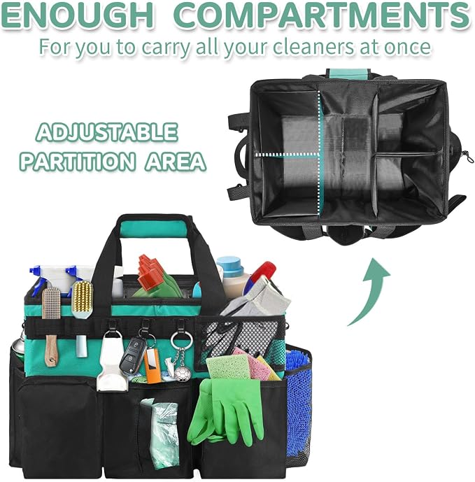 Boczif Cleaning Caddy Bag Wearable,Cleaning Caddy Supplies Organizer(Green) | with Handle, Shoulder Straps & Detachable Divide, Cleaning Tool Organizers Tote Bag for Cleaners & Housekeepers