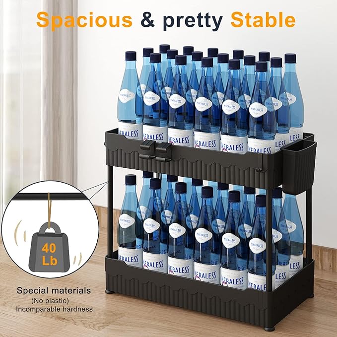 2-Pack Under Sink Organizer with Hooks & Hanging Cup for Kitchen | Multi-use kitchen & bathroom storage, 12.8 inch black cabinet organizer, with hooks and hanging cup for easy access.